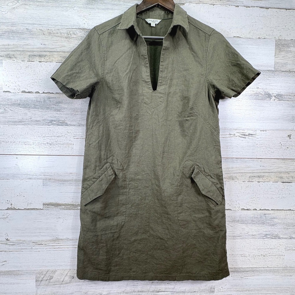 Max Studio London Olive Green Linen Blend V-Neck Shift Dress Patch Pockets L